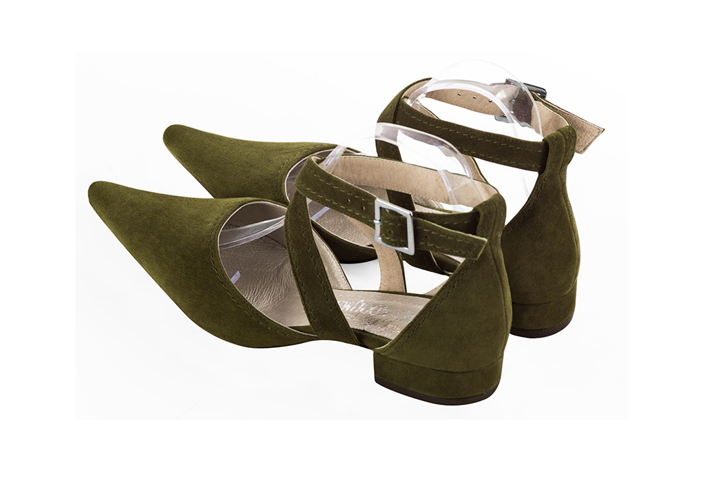 Women's khaki green open side dress shoes, with crossed straps. Pointed toe. Low block heels - Rear view